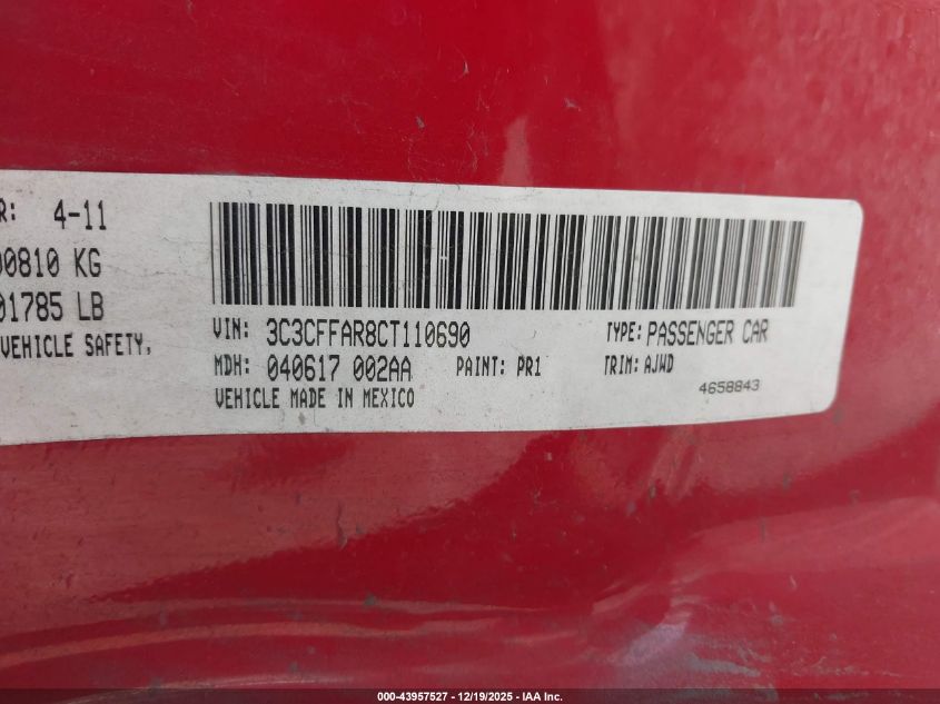 2012 Fiat 500 Pop VIN: 3C3CFFAR8CT110690 Lot: 43957527