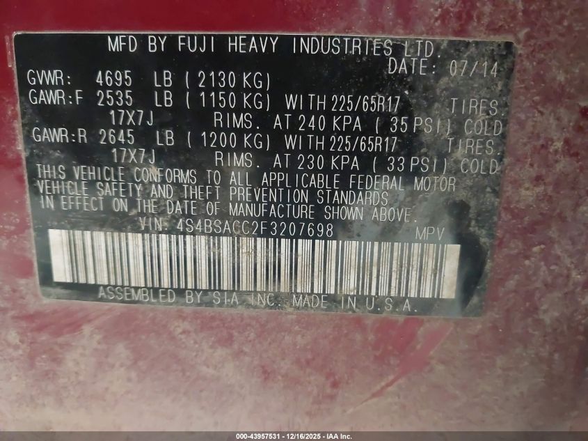 2015 Subaru Outback 2.5I Premium VIN: 4S4BSACC2F3207698 Lot: 43957531