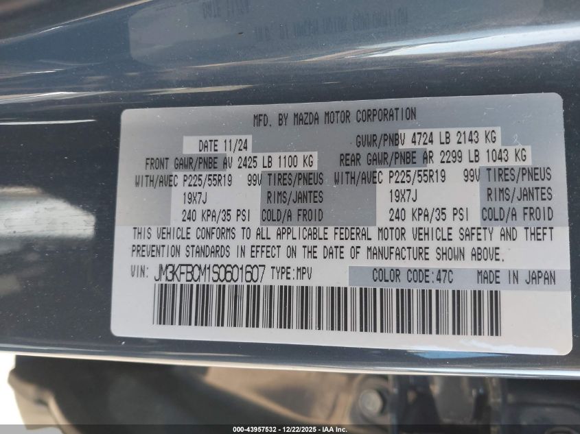 2025 Mazda Cx-5 2.5 S Carbon Edition VIN: JM3KFBCM1S0601607 Lot: 43957532