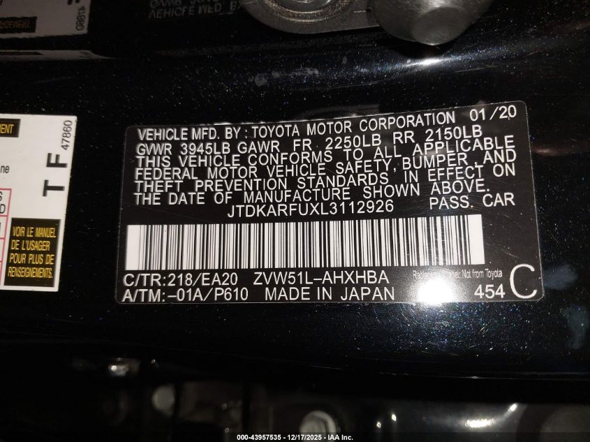 2020 Toyota Prius Xle VIN: JTDKARFUXL3112926 Lot: 43957535