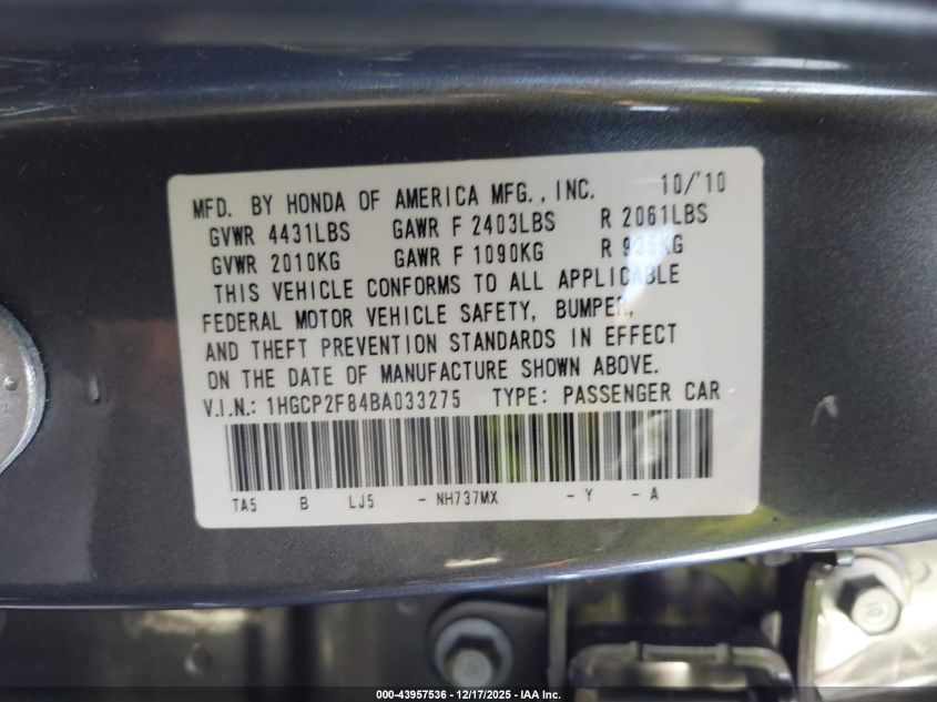 2011 Honda Accord 2.4 Ex-L VIN: 1HGCP2F84BA033275 Lot: 43957536