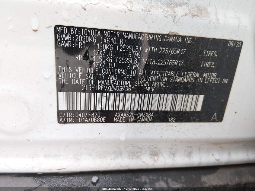 2020 Toyota Rav4 Le VIN: 2T3H1RFVXLW097361 Lot: 43957537