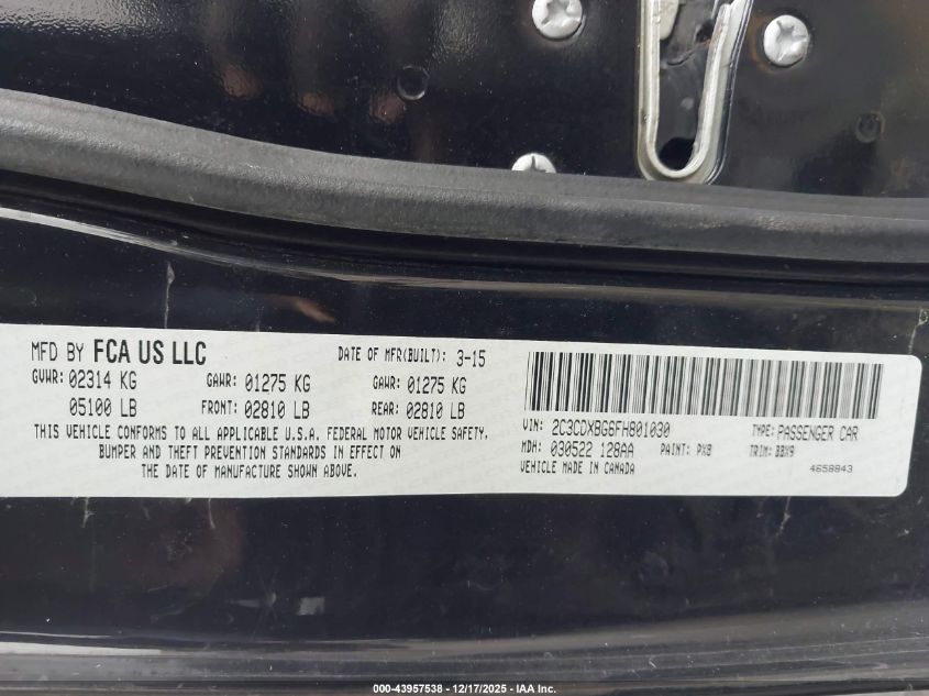 2015 Dodge Charger Se VIN: 2C3CDXBG6FH801030 Lot: 43957538