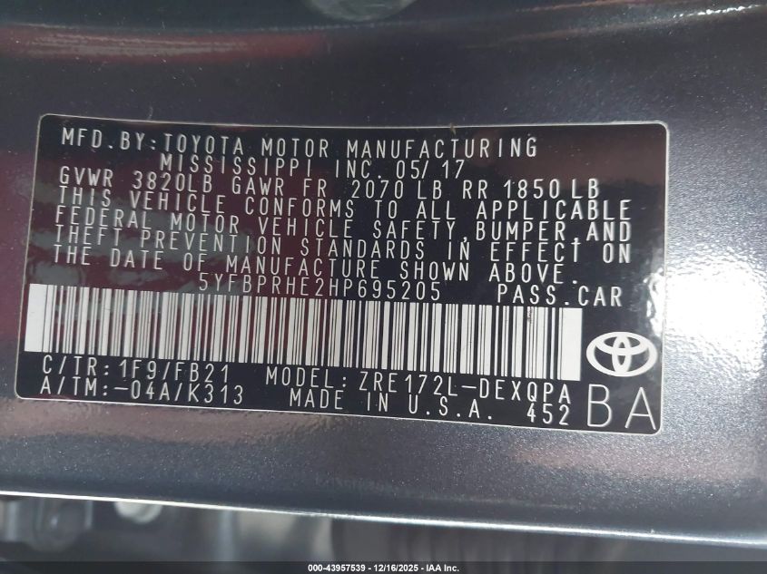 2017 Toyota Corolla Le Eco VIN: 5YFBPRHE2HP695205 Lot: 43957539