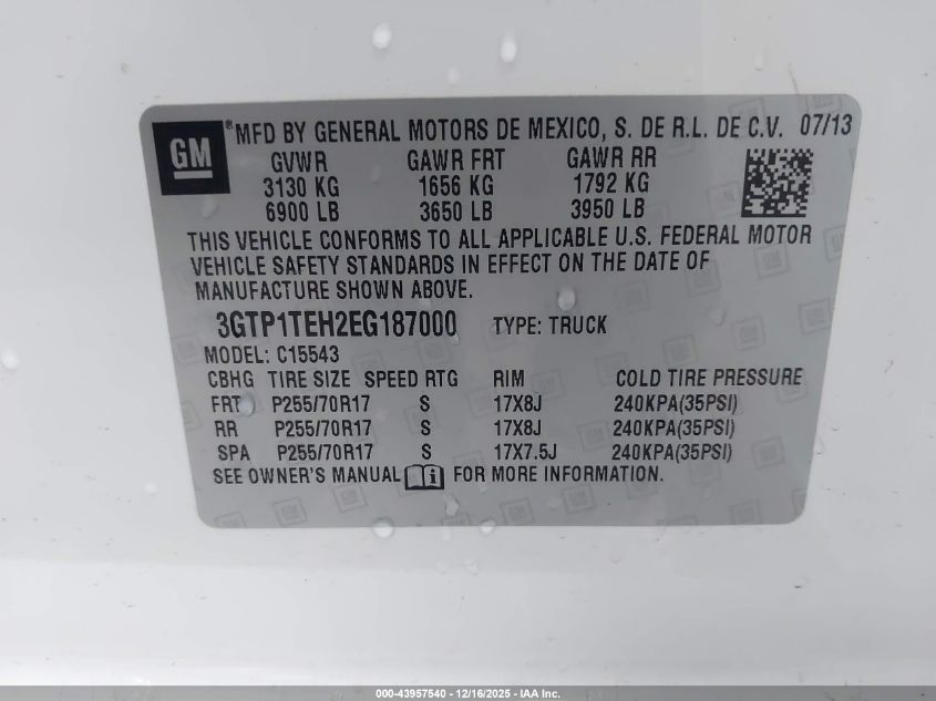 2014 GMC Sierra 1500 VIN: 3GTP1TEH2EG187000 Lot: 43957540