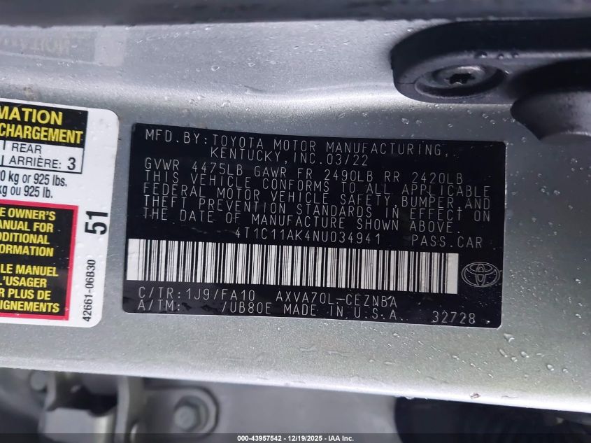 2022 Toyota Camry Le VIN: 4T1C11AK4NU034941 Lot: 43957542