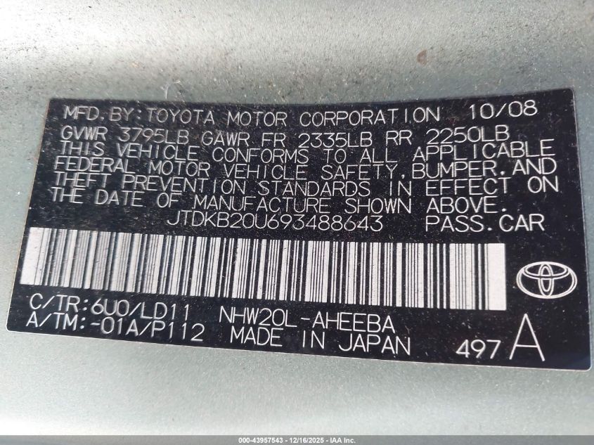 2009 Toyota Prius VIN: JTDKB20U693488643 Lot: 43957543