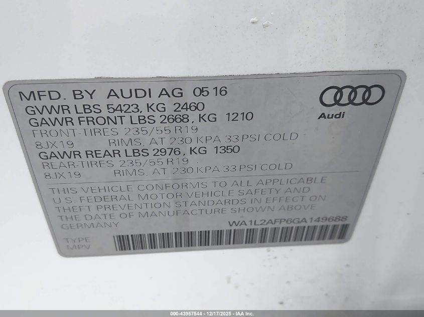 2016 Audi Q5 2.0T Premium VIN: WA1L2AFP6GA149688 Lot: 43957544