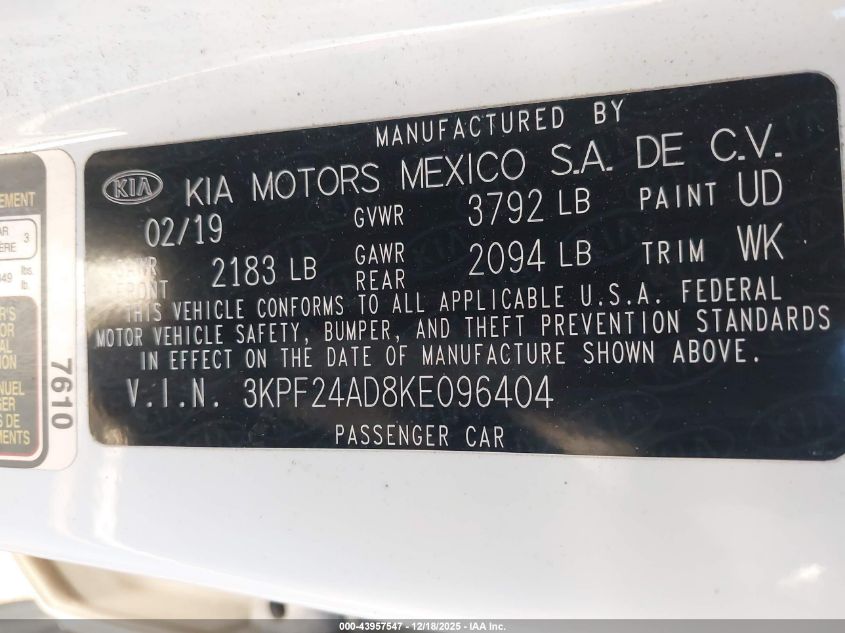 2019 Kia Forte Lxs VIN: 3KPF24AD8KE096404 Lot: 43957547