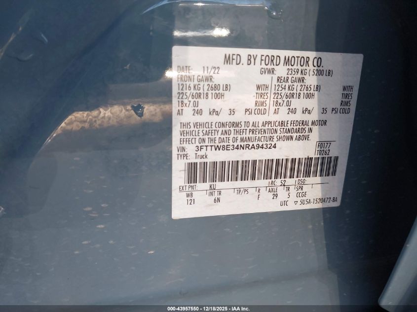 2022 Ford Maverick Lariat VIN: 3FTTW8E34NRA94324 Lot: 43957550