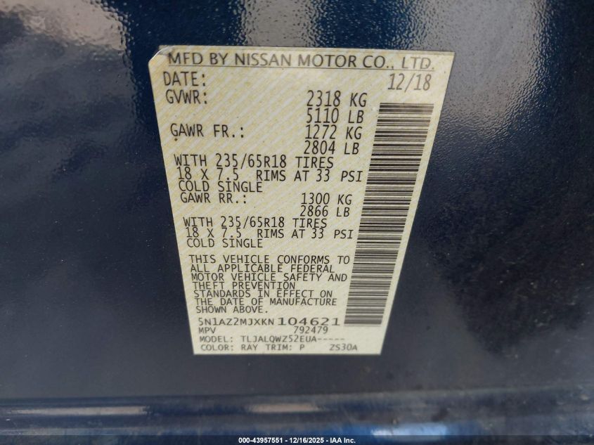 2019 Nissan Murano Sv VIN: 5N1AZ2MJXKN104621 Lot: 43957551