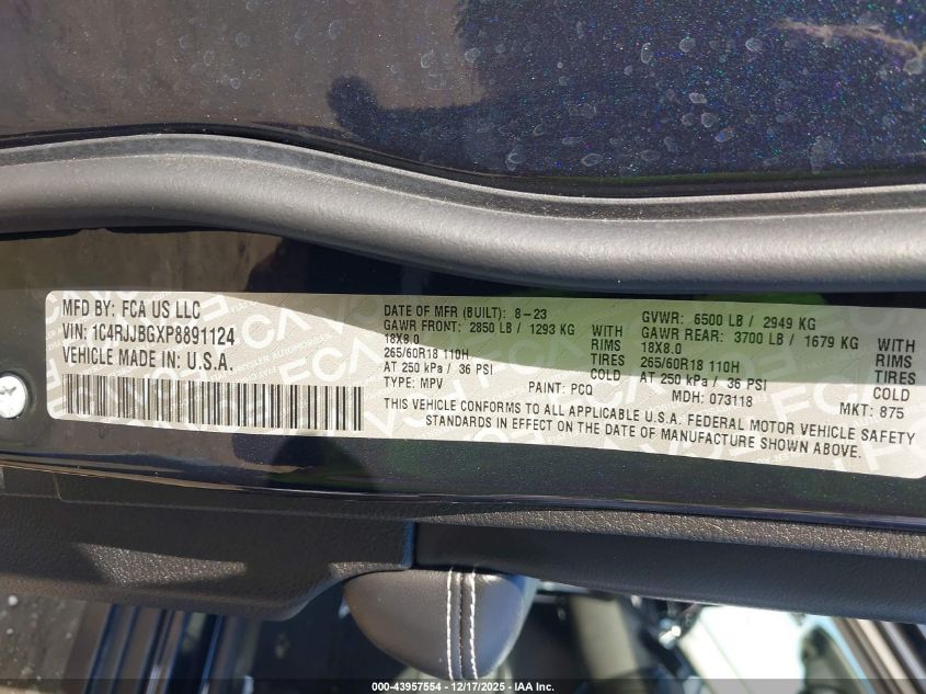 2023 Jeep Grand Cherokee L Limited 4X2 VIN: 1C4RJJBGXP8891124 Lot: 43957554