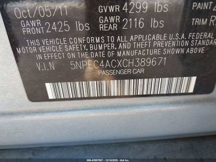 2012 Hyundai Sonata Limited VIN: 5NPEC4ACXCH389671 Lot: 43957557