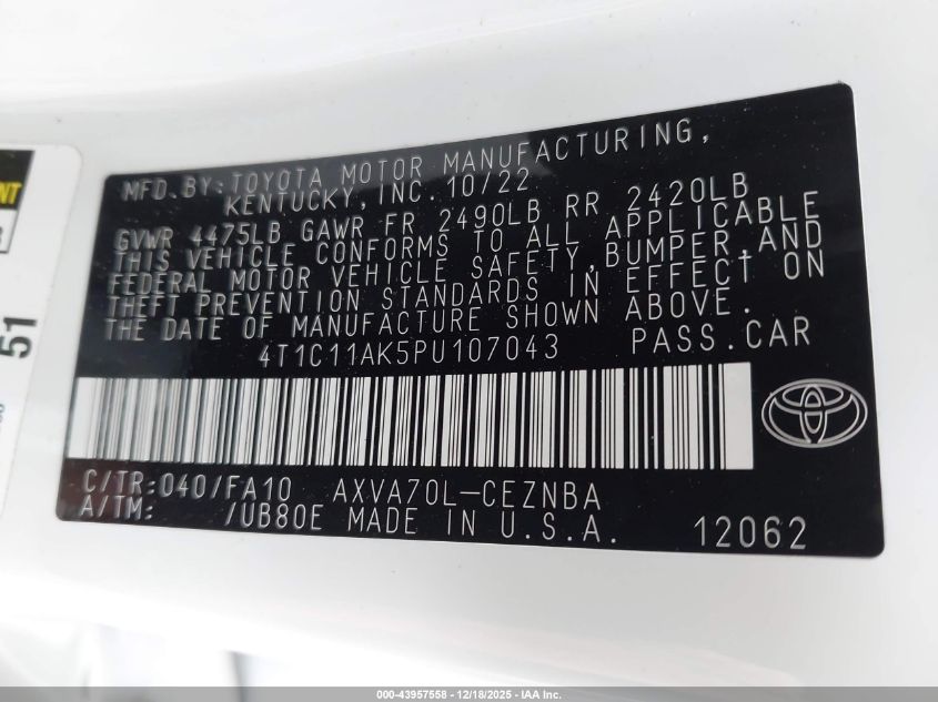 2023 Toyota Camry Le VIN: 4T1C11AK5PU107043 Lot: 43957558