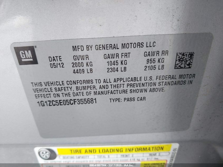 2012 Chevrolet Malibu 1Lt VIN: 1G1ZC5E05CF355681 Lot: 43957564