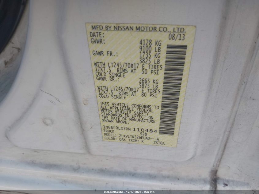 2013 Nissan Nv Cargo Nv2500 Hd Sv V6 VIN: 1N6BF0LX7DN110484 Lot: 43957566