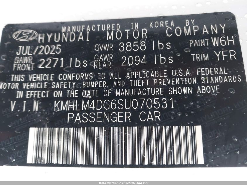 2025 Hyundai Elantra Sel Sport VIN: KMHLM4DG6SU070531 Lot: 43957567