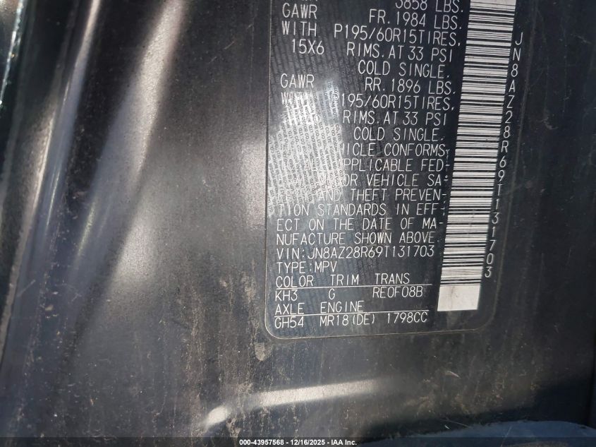 2009 Nissan Cube 1.8S VIN: JN8AZ28R69T131703 Lot: 43957568