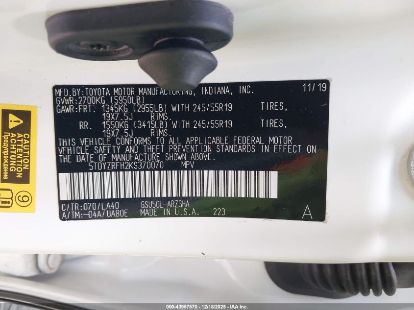 2019 Toyota Highlander Limited VIN: 5TDYZRFH2KS370070 Lot: 43957570