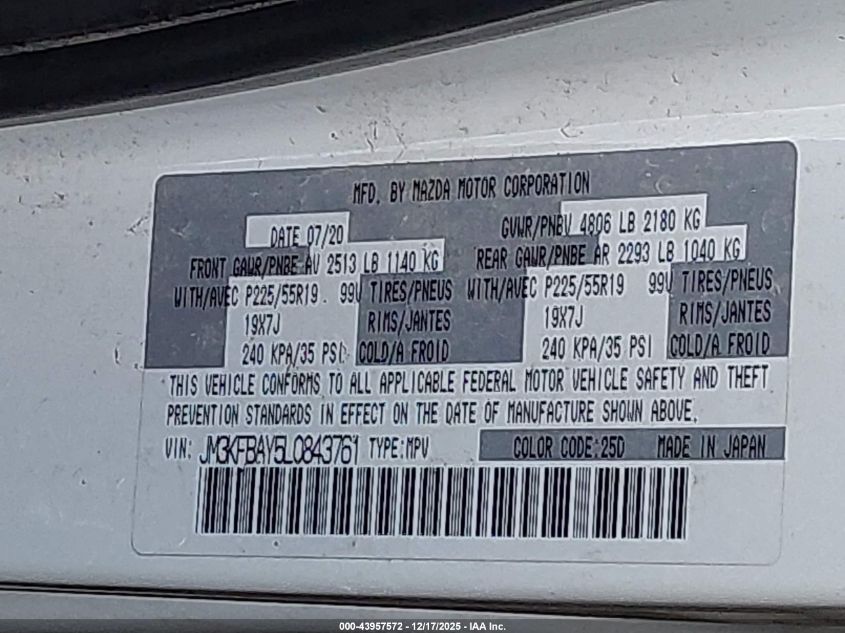 2020 Mazda Cx-5 Grand Touring Reserve VIN: JM3KFBAY5L0843761 Lot: 43957572