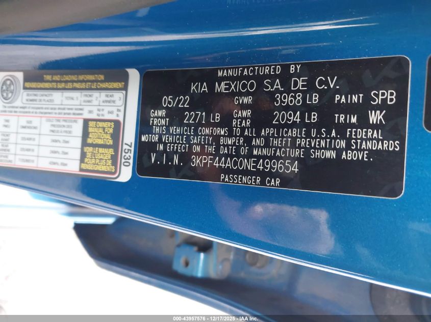 2022 Kia Forte Gt VIN: 3KPF44AC0NE499654 Lot: 43957576