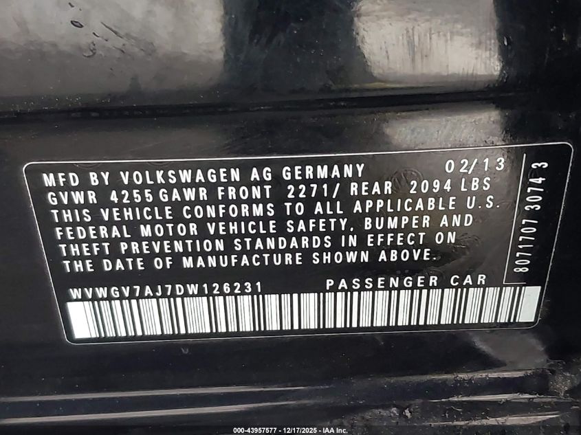 2013 Volkswagen Gti VIN: WVWGV7AJ7DW126231 Lot: 43957577