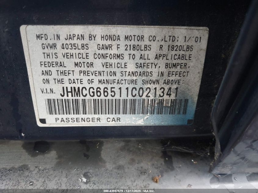2001 Honda Accord 2.3 Lx VIN: JHMCG66511C021341 Lot: 43957579