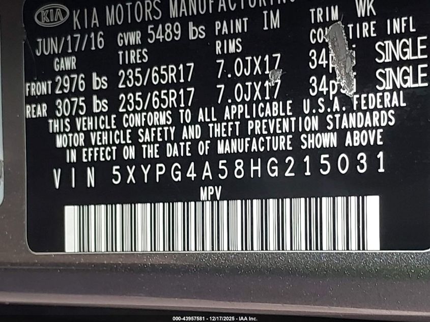 2017 Kia Sorento 3.3L Lx VIN: 5XYPG4A58HG215031 Lot: 43957581