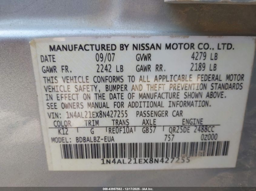2008 Nissan Altima 2.5 S VIN: 1N4AL21EX8N427255 Lot: 43957582