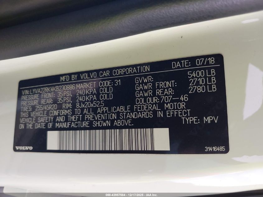 2019 Volvo Xc60 T6 Momentum VIN: LYVA22RK4KB230886 Lot: 43957584