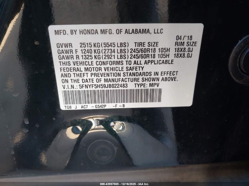 2018 Honda Pilot Ex-L VIN: 5FNYF5H59JB022483 Lot: 43957585