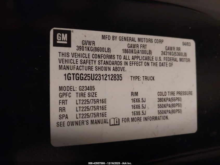 2003 GMC Savana Standard VIN: 1GTGG25U231212835 Lot: 43957586