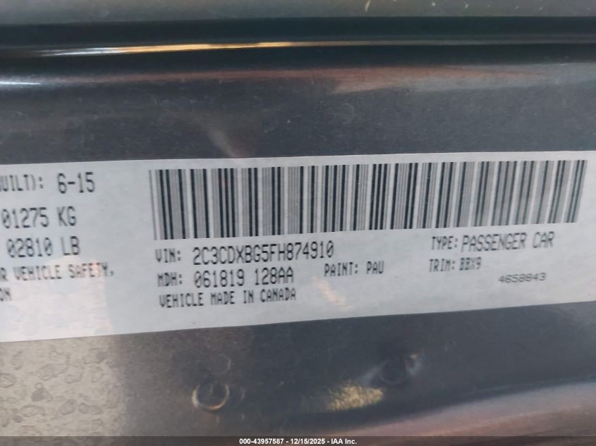 2015 Dodge Charger Se VIN: 2C3CDXBG5FH874910 Lot: 43957587