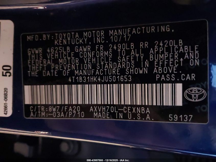 2018 Toyota Camry Hybrid Le VIN: 4T1B31HK4JU501653 Lot: 43957588