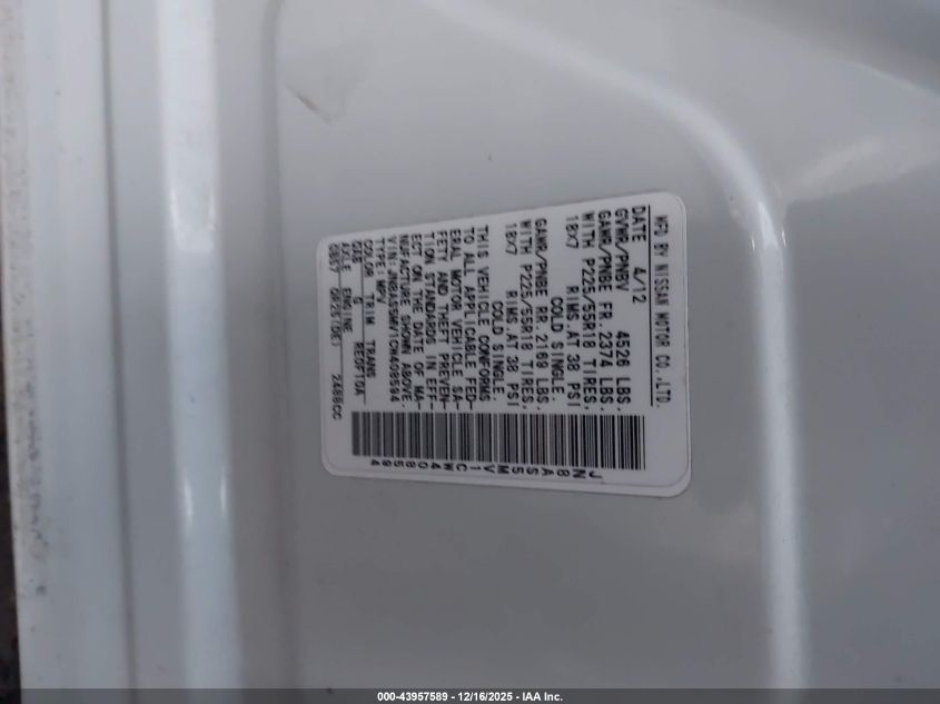 2012 Nissan Rogue Sv W/Sl Pkg VIN: JN8AS5MV1CW408594 Lot: 43957589