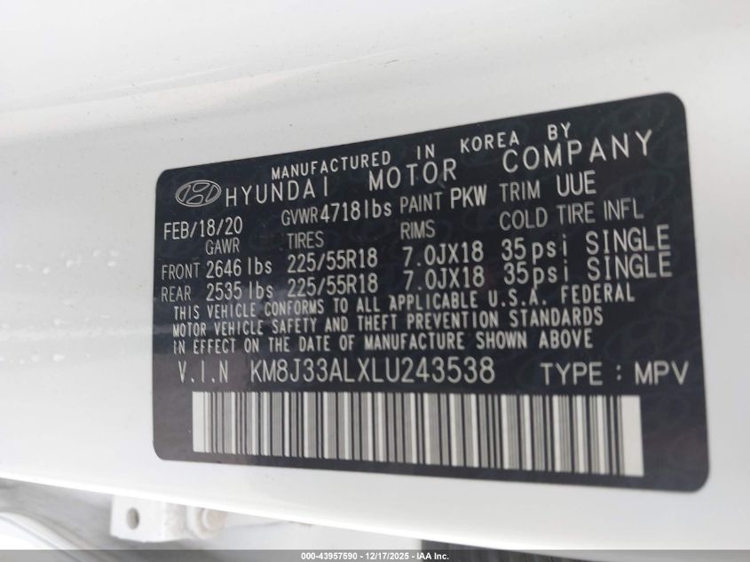 2020 Hyundai Tucson Ultimate VIN: KM8J33ALXLU243538 Lot: 43957590