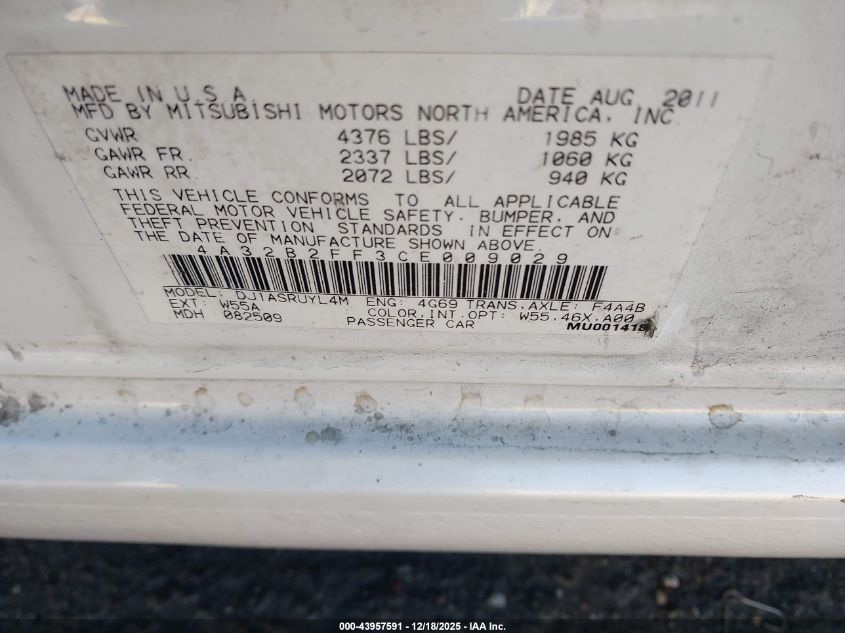 2012 Mitsubishi Galant Fe VIN: 4A32B2FF3CE009029 Lot: 43957591