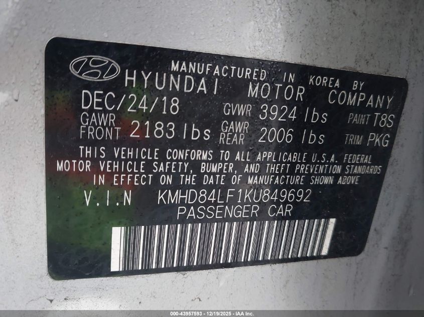 2019 Hyundai Elantra Value Edition VIN: KMHD84LF1KU849692 Lot: 43957593