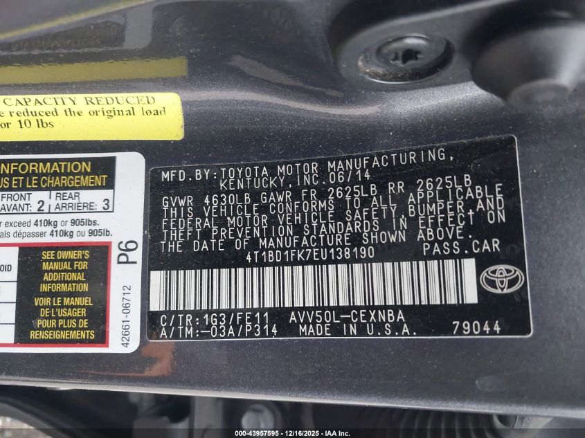 2014 Toyota Camry Hybrid Le VIN: 4T1BD1FK7EU138190 Lot: 43957595