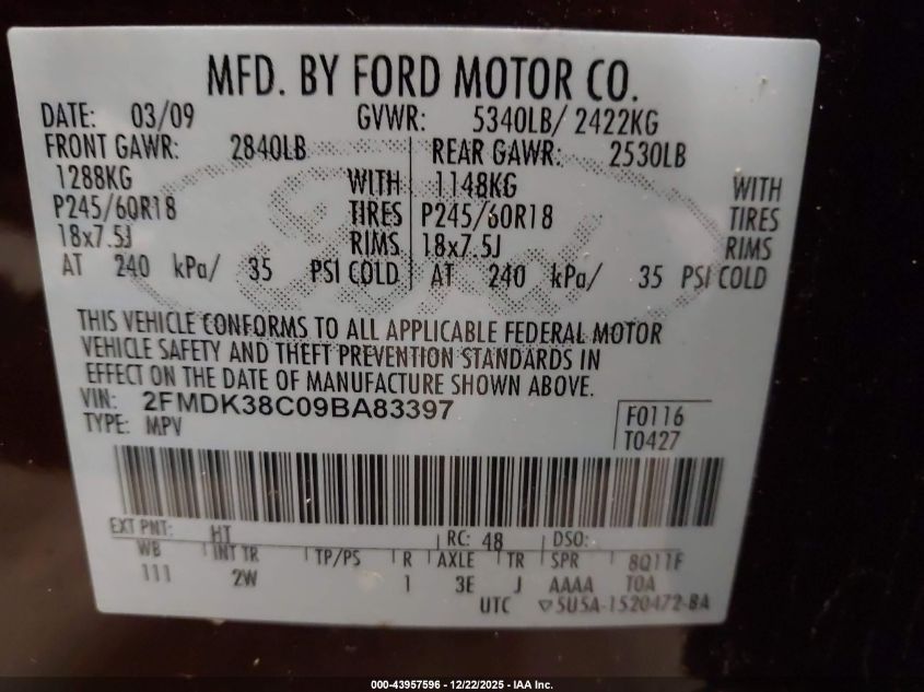 2009 Ford Edge Sel VIN: 2FMDK38C09BA83397 Lot: 43957596