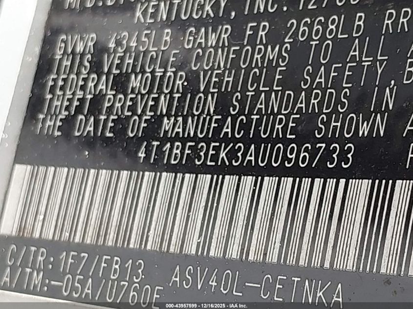 2010 Toyota Camry Le VIN: 4T1BF3EK3AU096733 Lot: 43957599