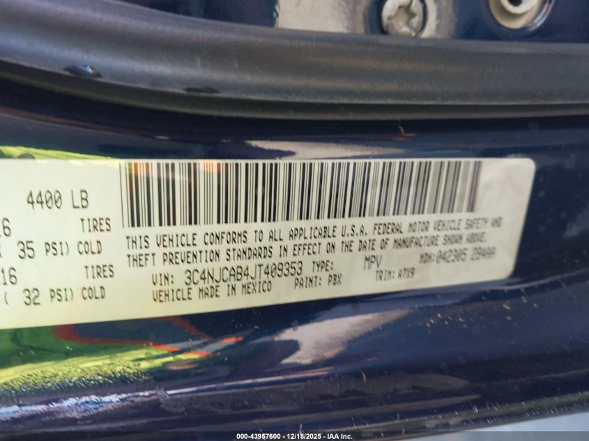 2018 Jeep Compass Sport Fwd VIN: 3C4NJCAB4JT409353 Lot: 43957600