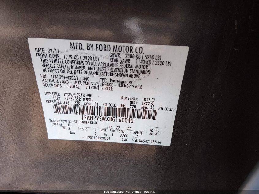 2011 Ford Taurus Sel VIN: 1FAHP2EWXBG160040 Lot: 43957602