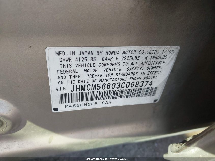 2003 Honda Accord 2.4 Ex VIN: JHMCM56603C068374 Lot: 43957606