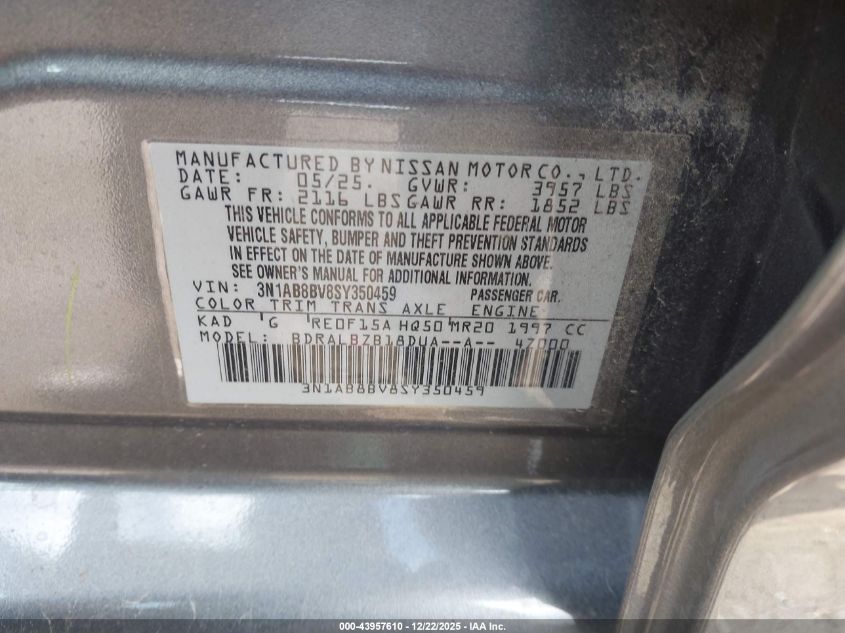 2025 Nissan Sentra S VIN: 3N1AB8BV8SY350459 Lot: 43957610