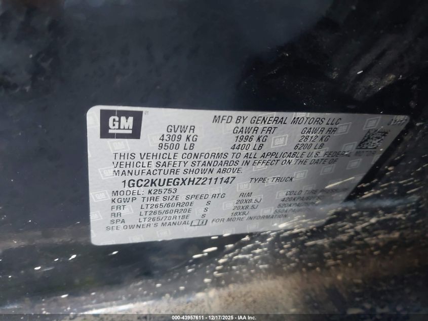 2017 Chevrolet Silverado 2500Hd Wt VIN: 1GC2KUEGXHZ211147 Lot: 43957611