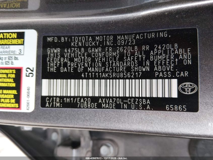 2024 Toyota Camry Se VIN: 4T1T11AK5RU856217 Lot: 43957613