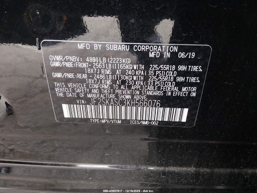 2019 Subaru Forester Limited VIN: JF2SKASC3KH566076 Lot: 43957617