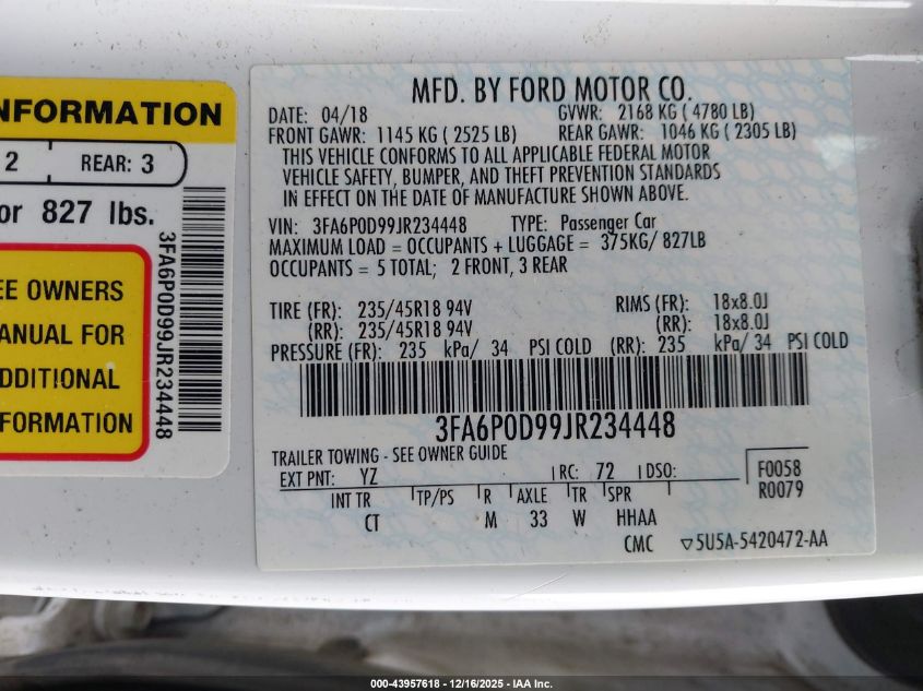 2018 Ford Fusion Titanium VIN: 3FA6P0D99JR234448 Lot: 43957618