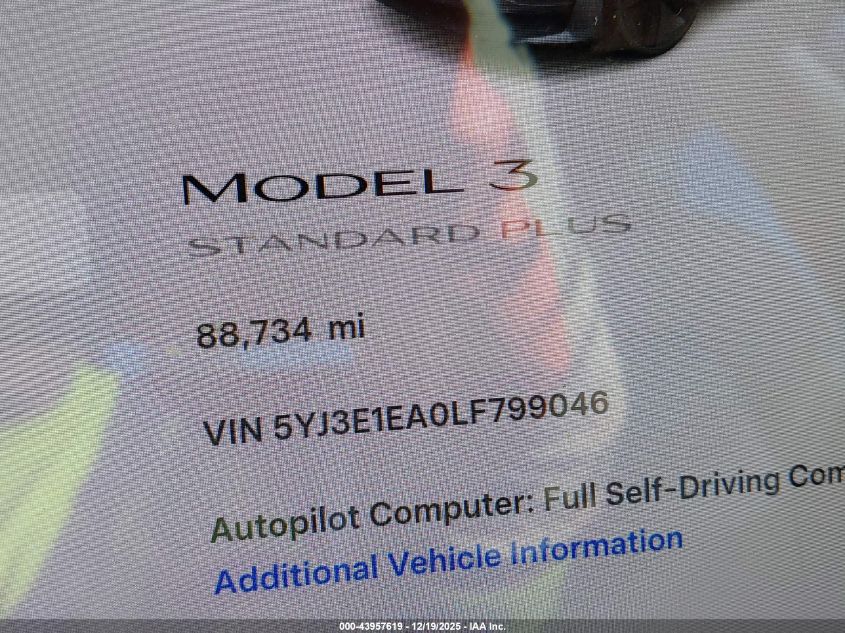 2020 Tesla Model 3 Standard Range Plus Rear-Wheel Drive/Standard Range Rear-Wheel Drive VIN: 5YJ3E1EA0LF799046 Lot: 43957619